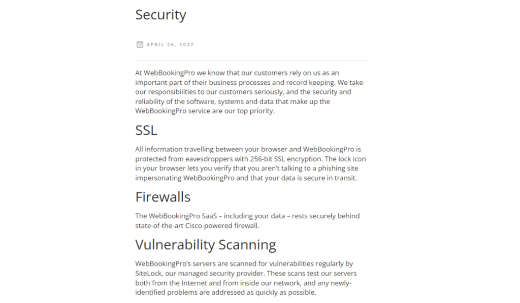 Webbookingpro security page screenshot