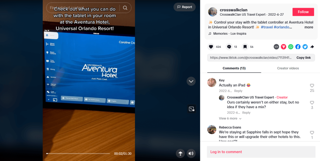screenshot of a tiktok about hotel room tablet technology