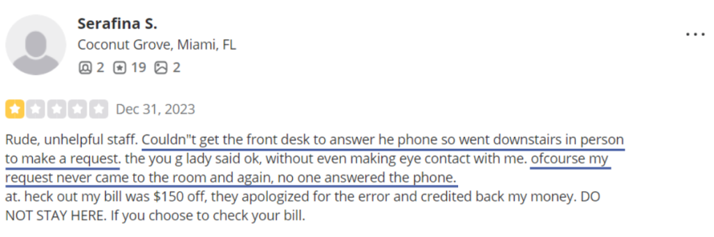 yelp negative hotel review about unhelpful staff