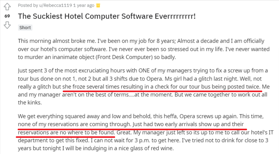 reddit post about a negative experience with hotel pms glitches