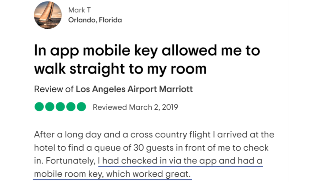 a review praising hotel mobile keys