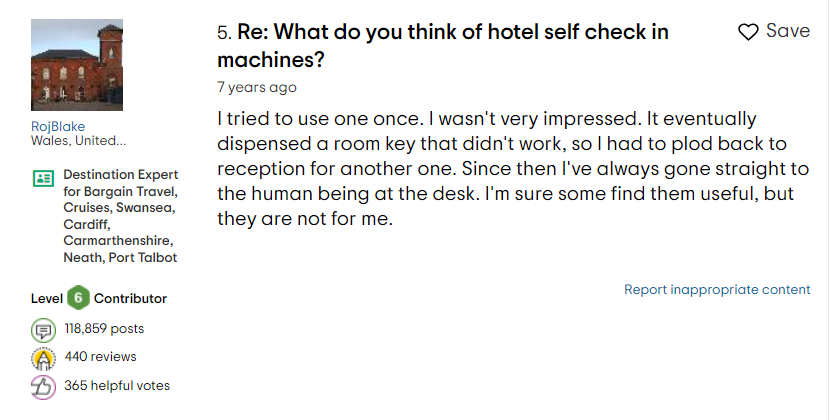 tripadvisor comment about self check in at hotels
