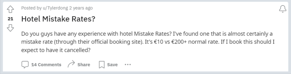 a reddit post screenshot about a hotel with incorrect rates displayed