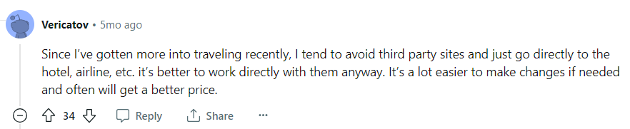 reddit comment about the benefits of booking a hotel room directly