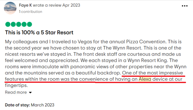 a hotel review highlighting amazon Alexa as the standout feature of the property