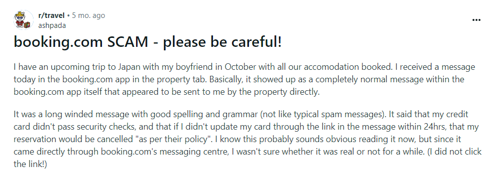 reddit post screenshot about a booking scam