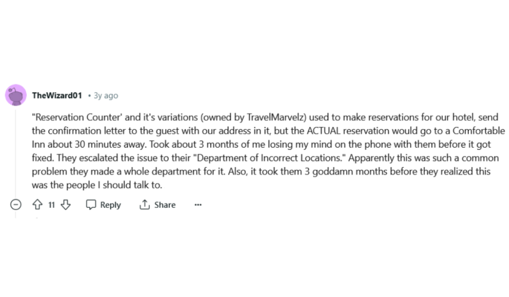 screenshot of a reddit comment about issues with an automated reservation system