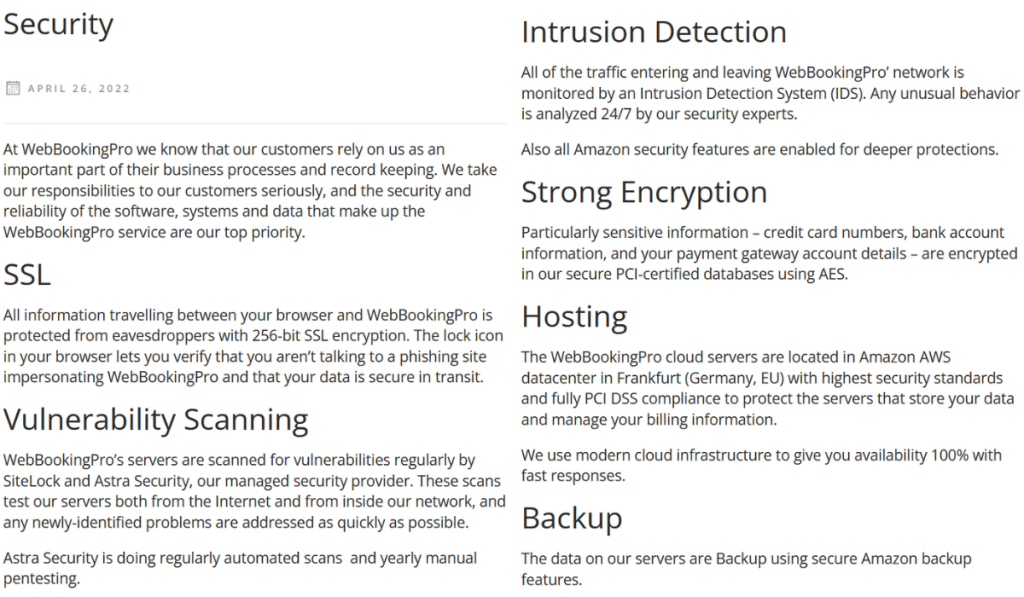 webbookingpro security features screenshot