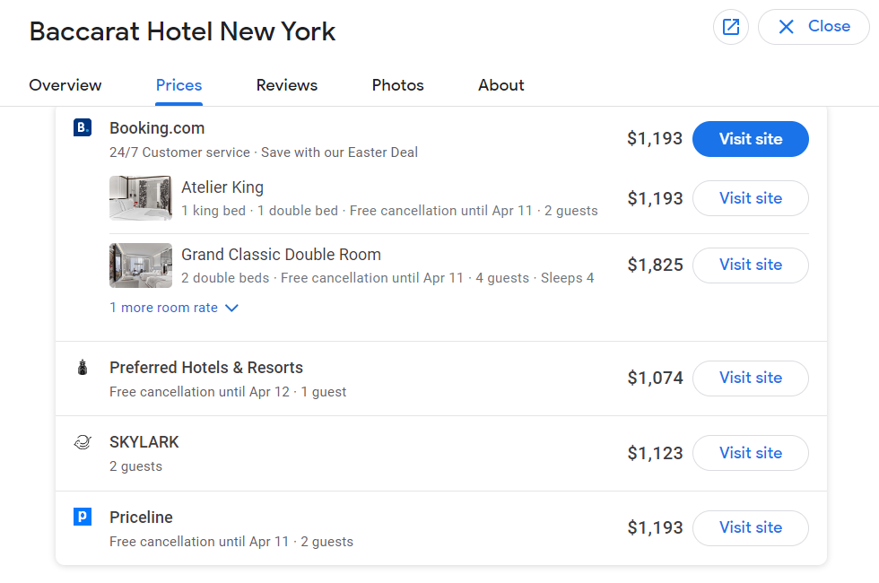 screenshot of a hotel room listing on google lacking rate parity