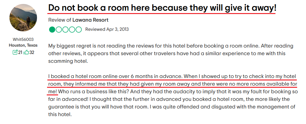 screenshot of a negative tripadvisor review